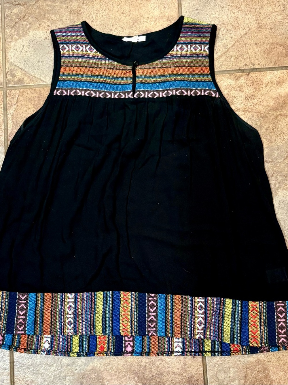 Pleione Black BoHo Sleeveless Top with Multicolor Embroidered Panels
